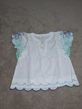 NWT - ODDY White Embroidered Flutter Sleeve Top with Blue & Green Accents